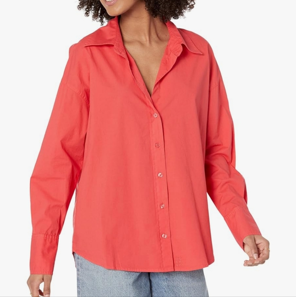 MONROW NWT Coral Button-Up Long Sleeve Poplin Women's Top